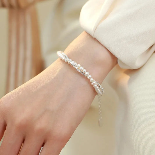 Luckacco Fashion 925 Sterling Silver Pearl Bracelets for Women Girls Luxury Double Layer Pearl Silver Chain Bracelets Party Jewelry Gifts