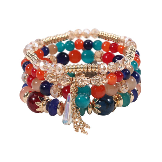 Luckacco 4 pieces/set Bohemian crystal tassel multi-layer elastic rope bracelet, handmade beaded bracelet, women's fashion accessories