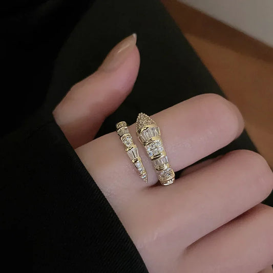 Luckacco Versatile Fashion Trendy Snake Shaped Open Rings for Women High-end Zircon Stainless Steel Adjustable Rings Jewelry Accessories