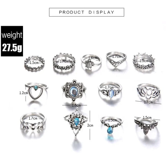 Luckacco 13Pcs/Set Vintage Carved Hollow Flower Crown Love Rings for Women Trendy 2024 Retro Exquisite Fringer Rings Party Jewelry Gift