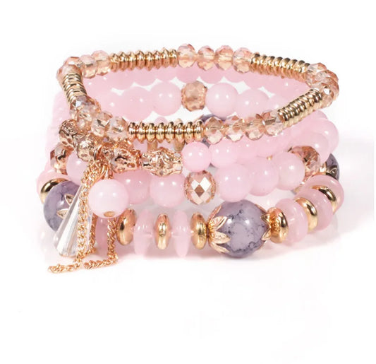 Luckacco 4 pieces/set Bohemian crystal tassel multi-layer elastic rope bracelet, handmade beaded bracelet, women's fashion accessories