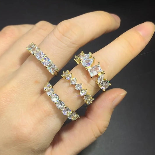 Luckacco Designer Tennis Zircon Rings for Female Shiny Dainty Crystal Stacking Matching Wedding Finger Ring Fashion Chic Jewelry R018