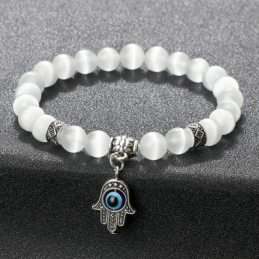 Luckacco Natural Cat Eye Stone Bracelet & Bangle for Women Brief White Pink Opal Beads Yoga Balance Jewelry Lucky Wristband Handmade Gift