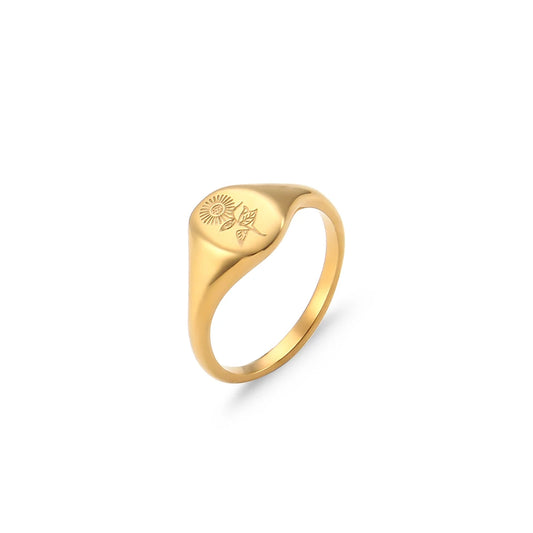 Luckacco E.B.belle Tarnish Free Stainless Steel 18k Gold Plated Engraving Wildflower Tea Leaf Lavender Sunflower Signet Rings For Women
