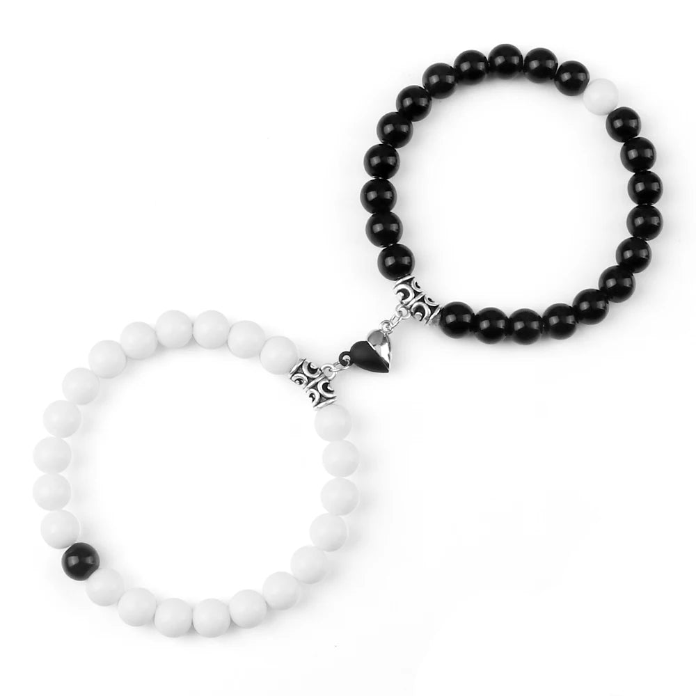 luckacco 2pcs/set sliver black color magnet pendant bracelets 6mm 8mm white porcelain black line beads couple bracelet jewelry gift new