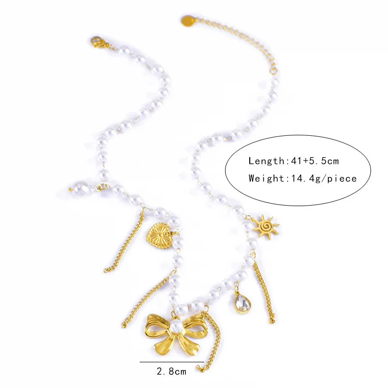 luckacco stainless steel handmade pearl chain bowknot pendant necklace for women new trend tassel choker jewelry gift birthday party