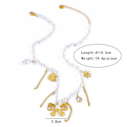 Luckacco Stainless Steel Handmade Pearl Chain Bowknot Pendant Necklace For Women New Trend Tassel Choker Jewelry Gift Birthday Party