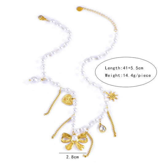 Luckacco Stainless Steel Handmade Pearl Chain Bowknot Pendant Necklace For Women New Trend Tassel Choker Jewelry Gift Birthday Party