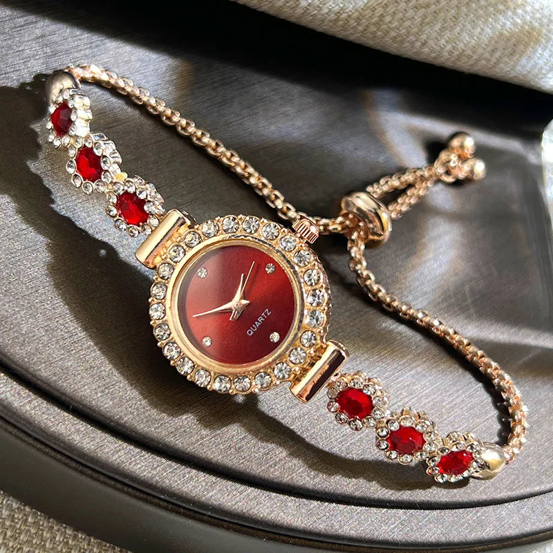 luckacco women's watch fashion color imitation gemstone fashion style quartz watch pullable bracelet women's watch girl's gift