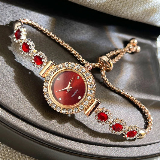 Luckacco Women's Watch Fashion Color Imitation Gemstone Fashion Style Quartz Watch Pullable Bracelet Women's Watch Girl's Gift