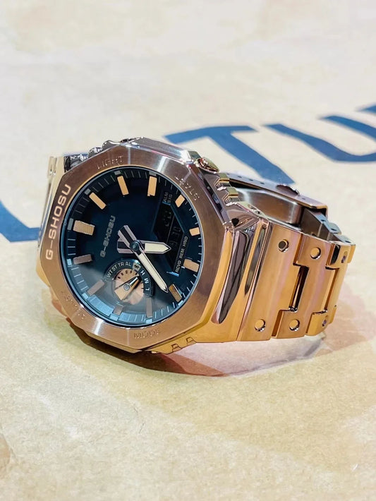 Luckacco Digital Sports Electronic Unisex Watch Full Function LED Alloy Large Dial World Time Steel Strap GMB Oak Series
