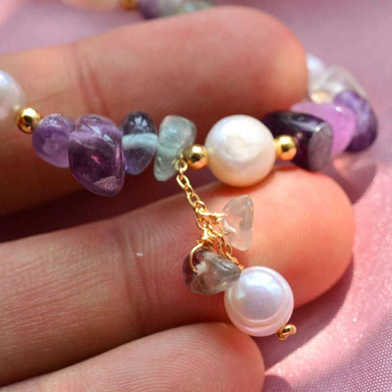 luckacco 100% natural freshwater pearl & purple crystal 14k gold filled female charm bracelet jewelry for women christmas gifts no fade