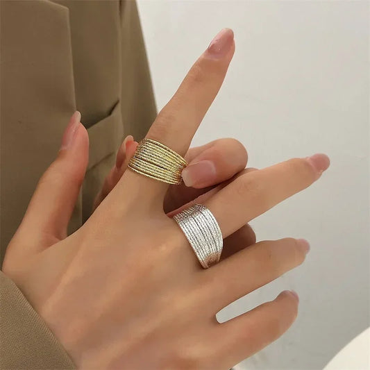 Luckacco Minimalist Silver Color Multilayer Lines Rings For Women Modern Fashion Female Finger-rings Versatile Jewelry Bulk