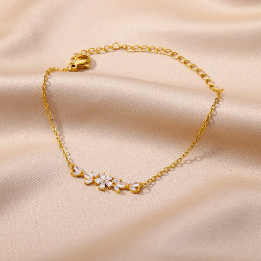 Luckacco Elegant Zircon Flowers Bracelet For Women Girls Charm Gold Color Stainless Steel Plant Bracelets Luxury Designer Jewelry Gifts