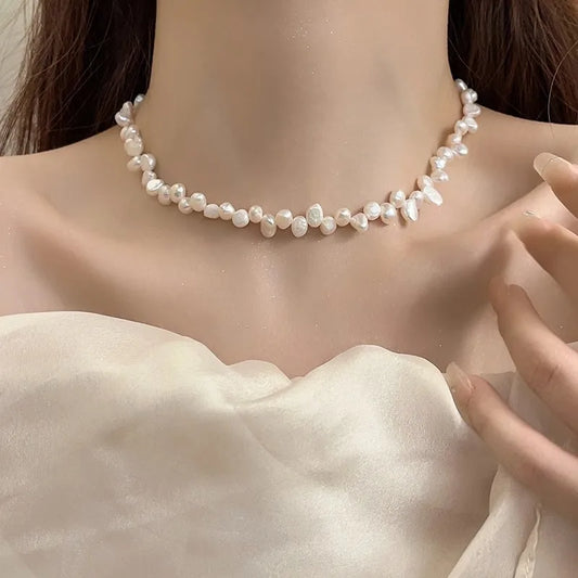 Luckacco 5-6m Real Natural Baroque Freshwater Pearl Necklace Fashion Jewelry for Gift 925 Sterling Silver Choker Necklace for Women Girls