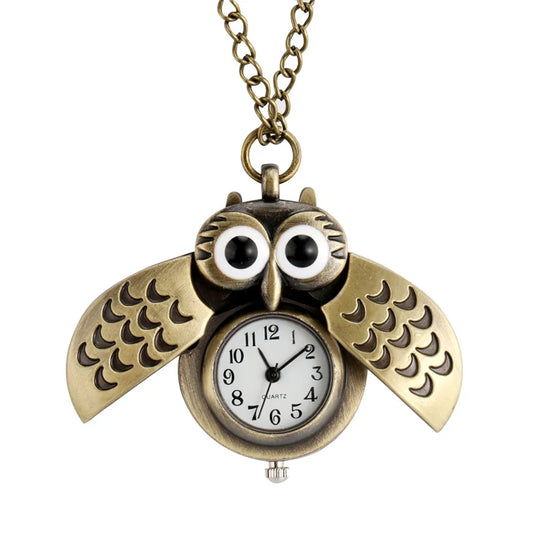 Luckacco Tiny Cute Owl Shaped Pendant Necklace Pocket Watch for Kid Men Women Retro Quartz Pocket Clock Gifts Arabic Numerals Dial