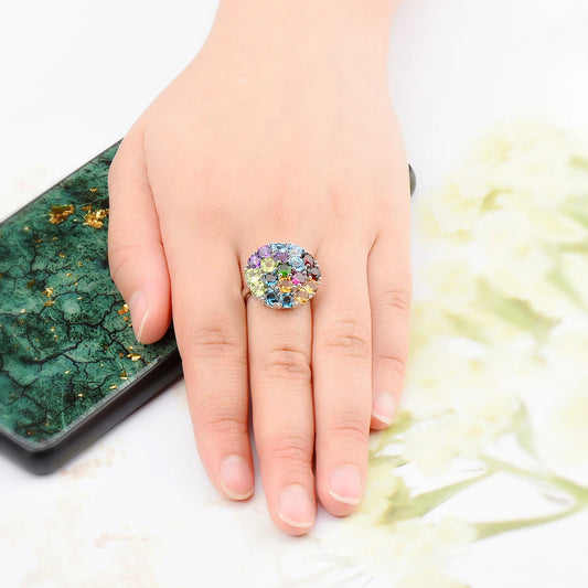 Luckacco Natural Colorful Gemstone 925 Sterling Silver Rings Genuine Multicolor Gemstone Elegant Style Fine Jewelry Women Wedding Rings