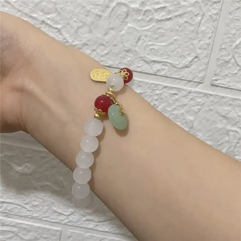 luckacco handmade good luck wealth elastic beaded bracelet imitation jade ping an buckle lucky amulet prayer bracelets for women men gift
