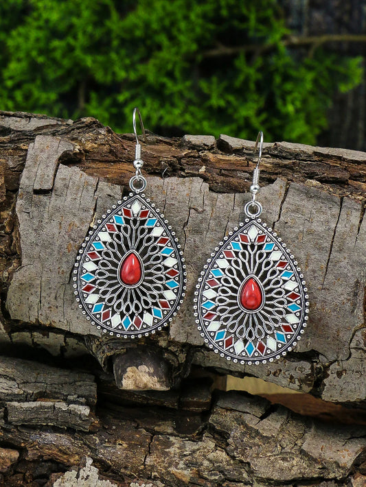 Luckacco Ethnic Feng Shui Droplet Hollow Colored Glazed Earrings for Women Bohemian Vacation Short Necklace Jewelry Set