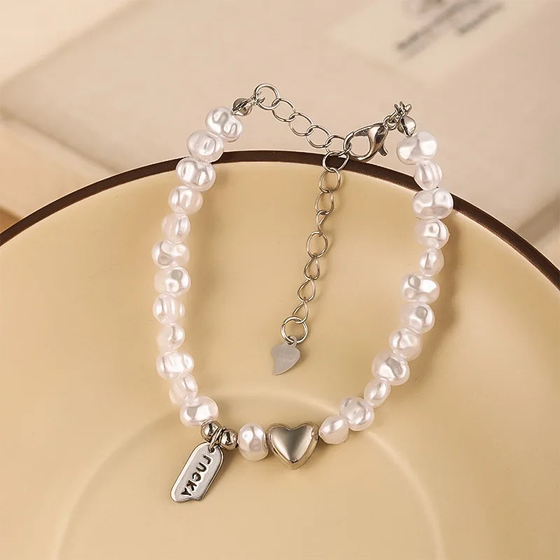 luckacco vintage creativity irregular baroque imitation pearl heart shape beading bracelets for women fashion accessories lucky tag gifts