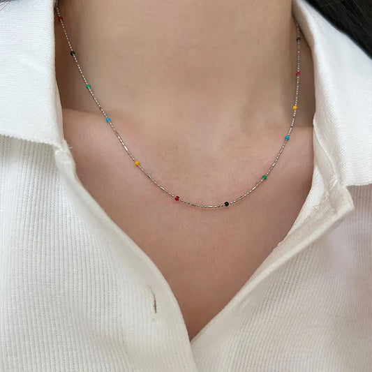 Luckacco New 925 Sterling Silver Colorful Round Beads Necklace Delicate Charm Temperament Choker Birthday Gift for Women's Fine Jewelry
