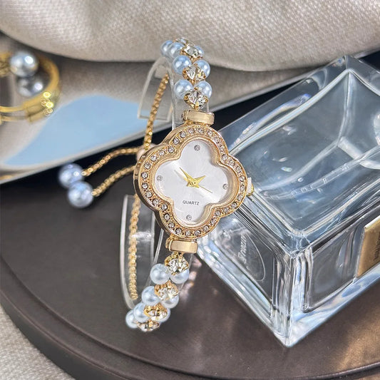 Luckacco Diamond Set Color Light Luxury Drawstring Watch Exquisite Small Pearl Clover Drawstring Style Quartz Women's Watch