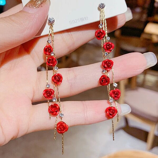 Luckacco 2pcs retro style long style diamond inlaid rose earrings for women's daily dating accessories