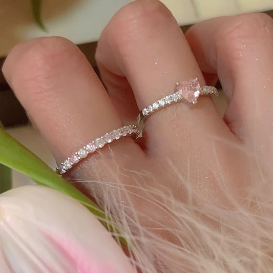 Luckacco Pink Crystal Irregular Heart Rings Creative Zircon Bowknot Opal Love Heart Open Ring Y2K Shiny Rings for Women Party Jewelry