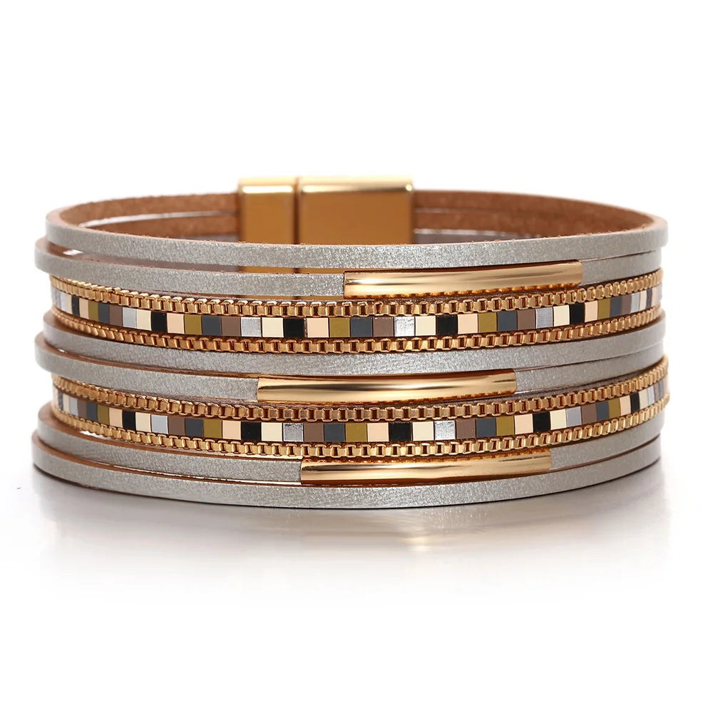 luckacco allyes trendy colorful square leather bracelet for women men boho metal tube multilayer wrap wide bracelets charm party jewelry