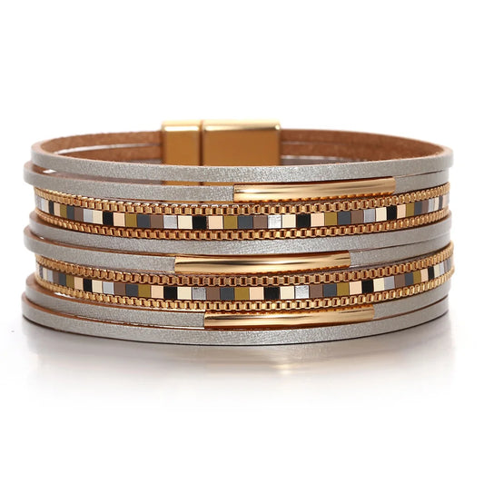 Luckacco ALLYES Trendy Colorful Square Leather Bracelet for Women Men Boho Metal Tube Multilayer Wrap Wide Bracelets Charm Party Jewelry