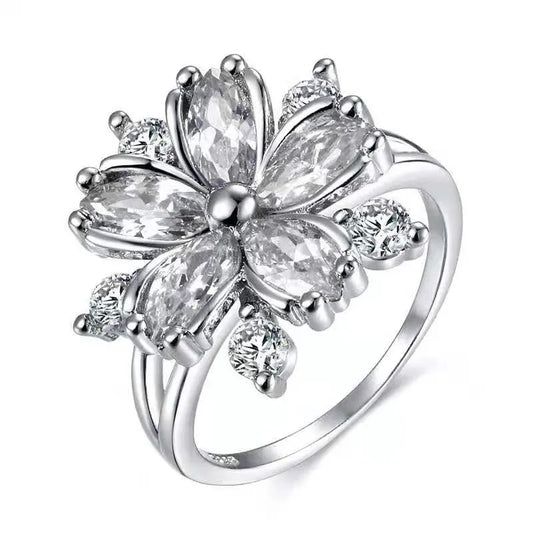 Luckacco Cute Female Pink Crystal Stone Ring Charm Silver Color Thin Wedding Rings For Women Dainty Bride Flower Zircon Engagement Ring