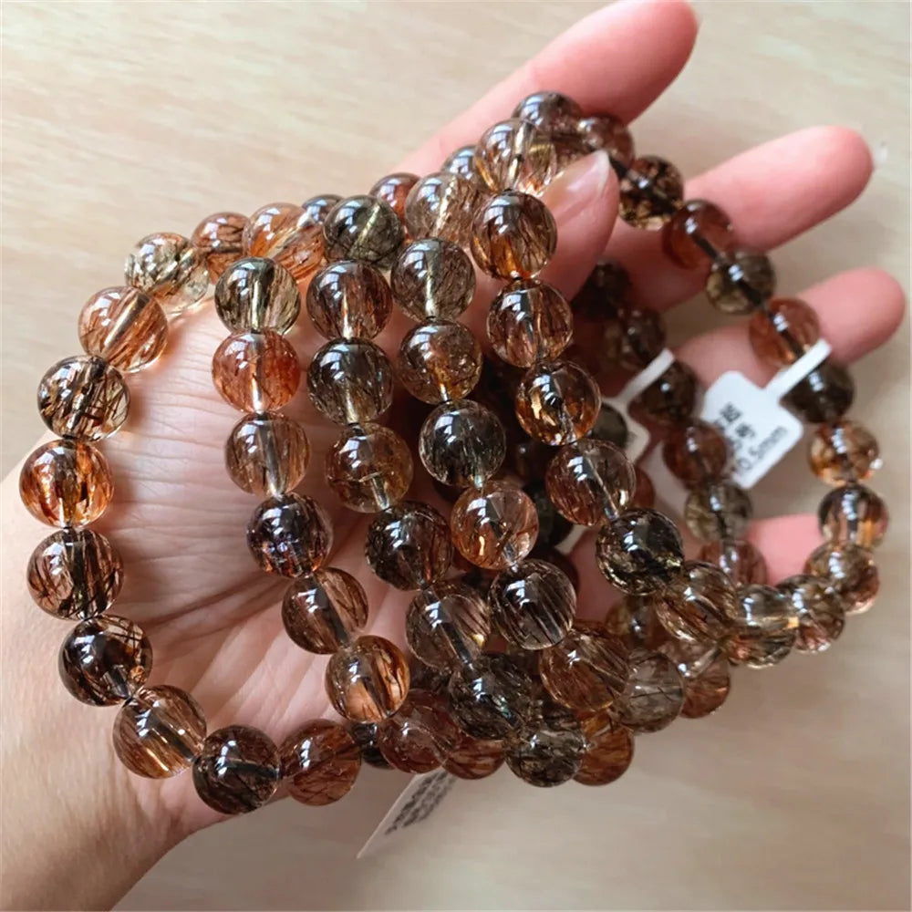 luckacco natural black gold super seven 7 rutilated quartz bracelet woman men copper rutilated rare clear round beads aaaaaaa