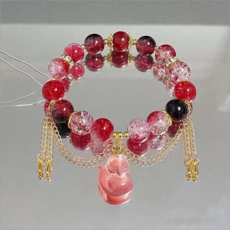 luckacco 2024 new trendy red crystal beaded bracelets for women simple tassel handmade beads fox pendant bracelets jewelry accessories