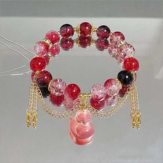 Luckacco 2024 New Trendy Red Crystal Beaded Bracelets for Women Simple Tassel Handmade Beads Fox Pendant Bracelets Jewelry Accessories