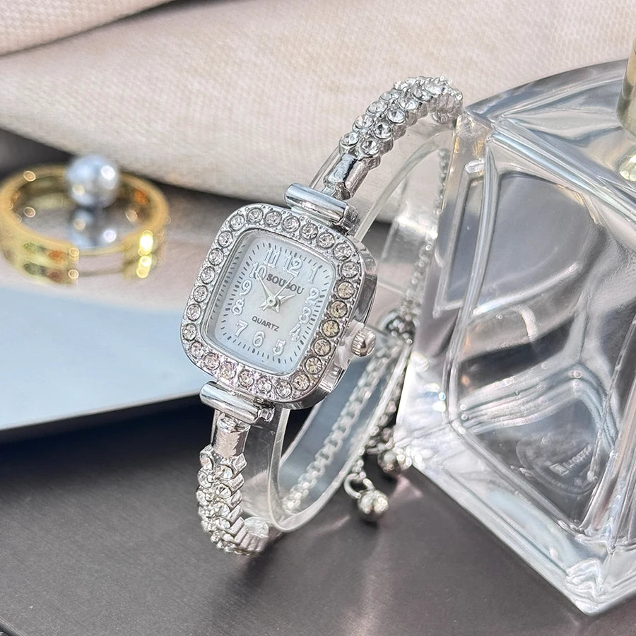 luckacco the new ladies' small square watch features a double-row diamond bracelet and arabic numerals fashionable quartz watch