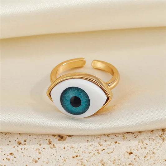 Luckacco 1Pcs Vintage Evil Eye Finger Ring For Women Gift Jewelry Colored Simple Turkish Blue Eye Adjustable Party Ring Accessories R381