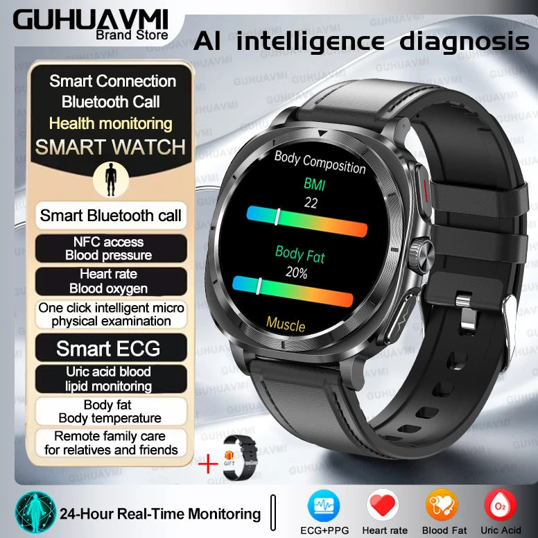 luckacco 2025 new high-end health care watch 7 ultra smart watch men ecg+ppg uric acid blood lipids body analysis bt call nfc smartwatchs