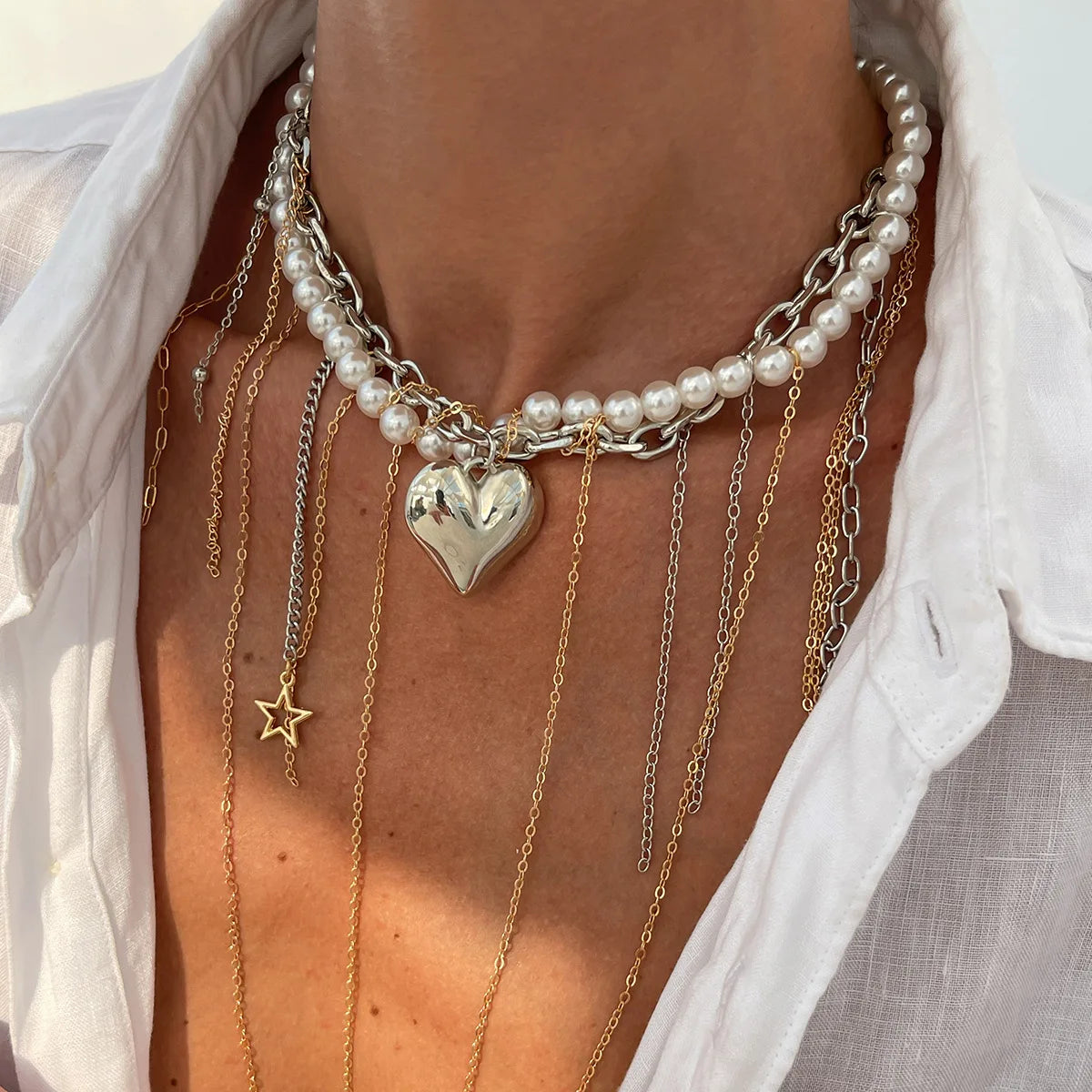luckacco multi-layered pearl necklace for women party y2k trendy clavicle chain fashion heart pendant jewelry accessories gifts