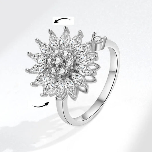 Luckacco Fashion Fidget Spinner Ring Anxiety for Women Multiple Crystal Sunflower Finger Rings Rotate Anti Stress Jewelry Wedding Gift