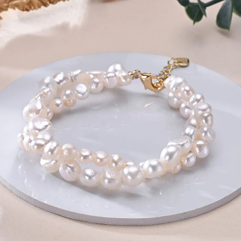 luckacco hengsheng freshwater 5-6mm 8-9mm white pearl double baroque bracelet 925 sterling silver fine jewelry gifts for women girls