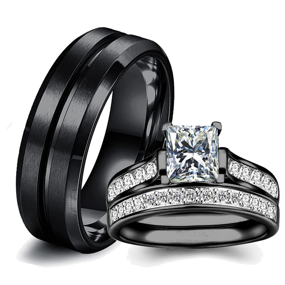 luckacco fashion couple rings romantic white rhinestones cz women rings set simpe men's stainless steel rings for couple wedding jewelry
