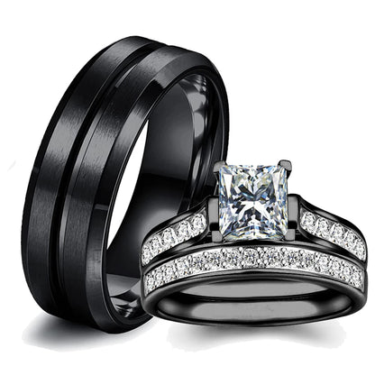Luckacco Fashion Couple Rings Romantic White Rhinestones CZ Women Rings Set Simpe Men's Stainless Steel Rings For Couple Wedding Jewelry