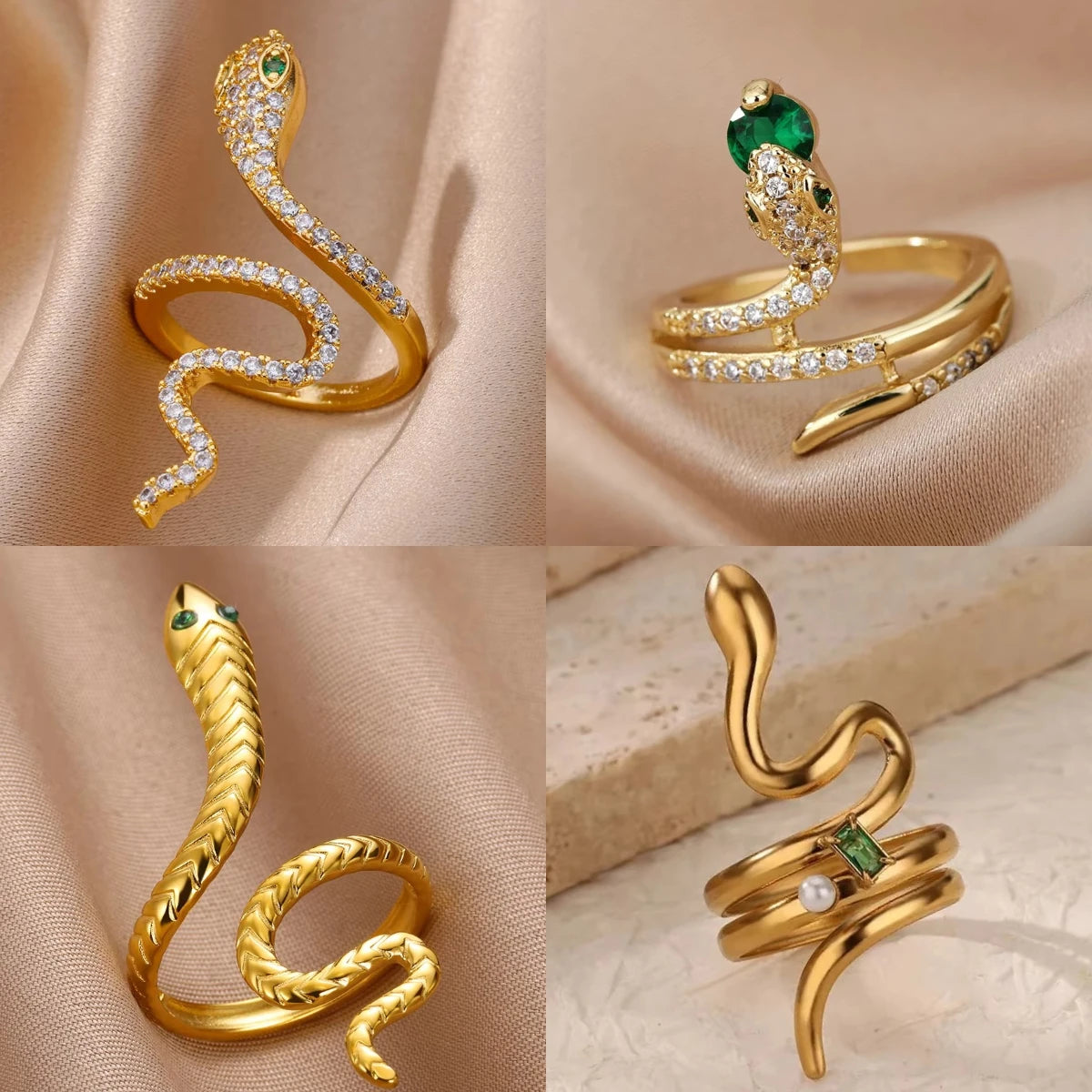 luckacco gold plated stainless steel green zircon snake rings for women men open adjustable finger ring vintage gothic aesthetic jewelry