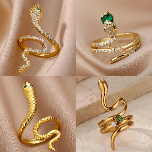 Luckacco Gold Plated Stainless Steel Green Zircon Snake Rings For Women Men Open Adjustable Finger Ring Vintage Gothic Aesthetic Jewelry