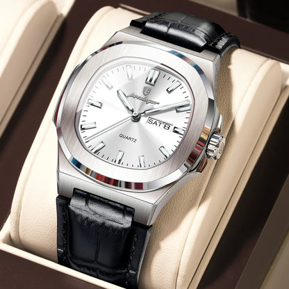 Luckacco POEDAGAR High Quality Watch For Men Luxury Luminous Waterproof Week Calendar Man Clock Leather Square Men's Quartz Watches Reloj