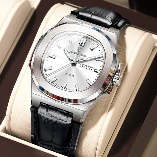 Luckacco POEDAGAR High Quality Watch For Men Luxury Luminous Waterproof Week Calendar Man Clock Leather Square Men's Quartz Watches Reloj