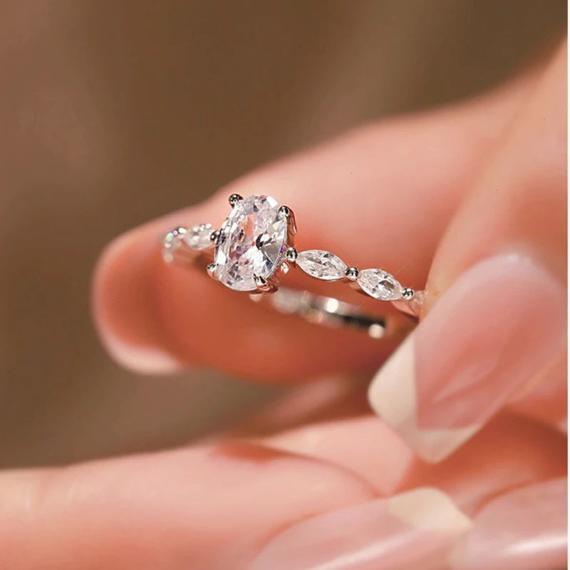 luckacco new 925 silver color oval ring women exquisite fashion metal inlaid aaa zircon stones wedding ring engagement fine jewelry