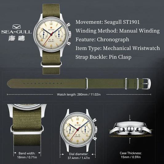 Luckacco Seagull 1963 International Edition Watch for Men Chronograph Manual Winding Mechanical Watches Original ST1901 D304 Memorial
