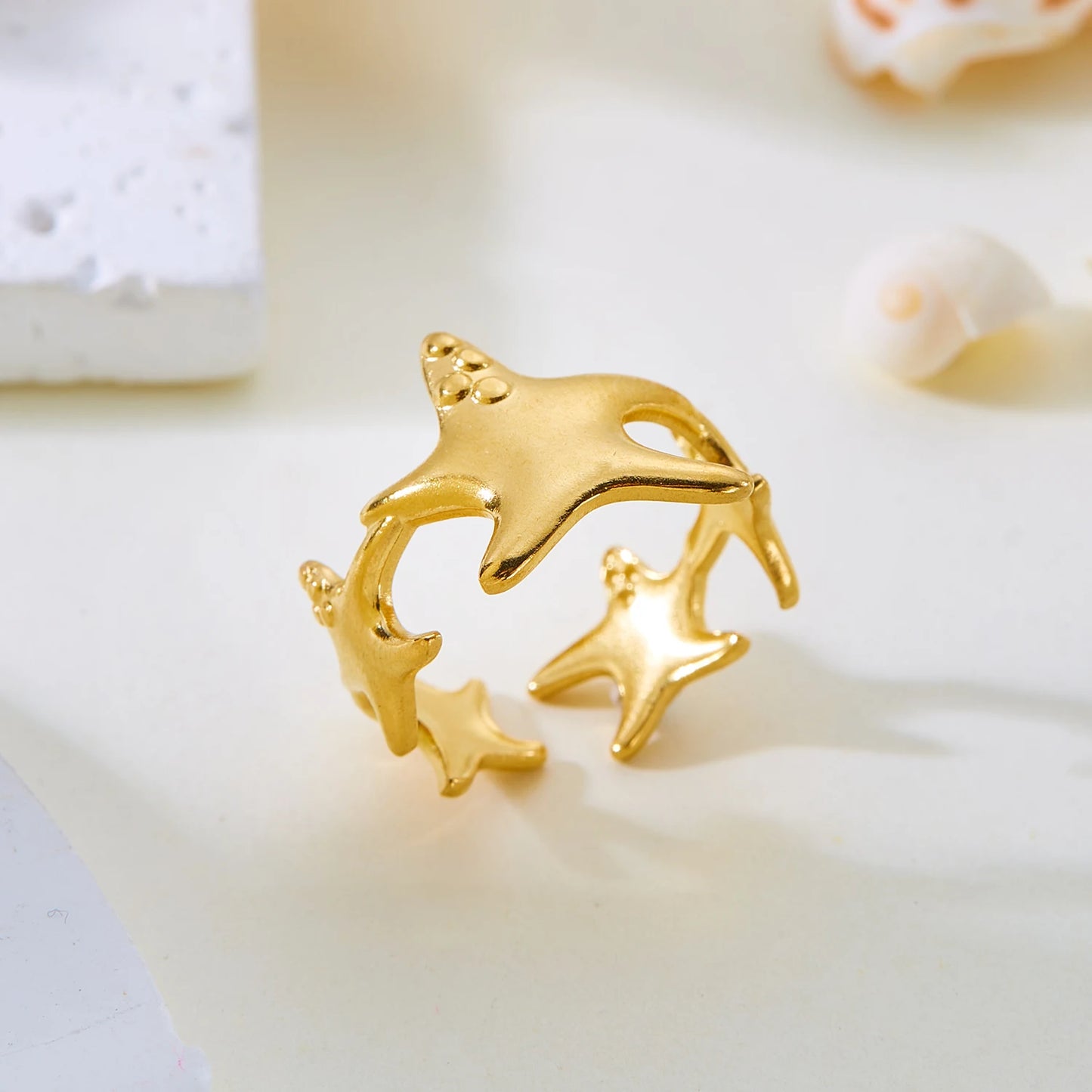 luckacco trendy gold color stainless steel ring for women bohemian shell starfish conch flower butterfly heart ring party jewelry gift