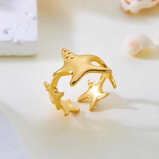 Luckacco Trendy Gold Color Stainless Steel Ring for Women Bohemian Shell Starfish Conch Flower Butterfly Heart Ring Party Jewelry Gift